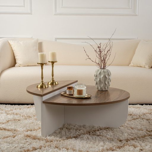 Okrągły Stół Kawowy 90x30x60cm, Biało-Orzechowy