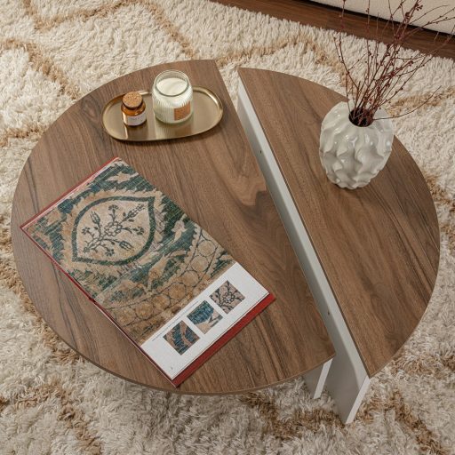 Okrągły Stół Kawowy 90x30x60cm, Biało-Orzechowy