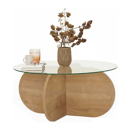 Okrągły Stół Kawowy z Hartowanym Szkłem 75x35x75cm, Dąb