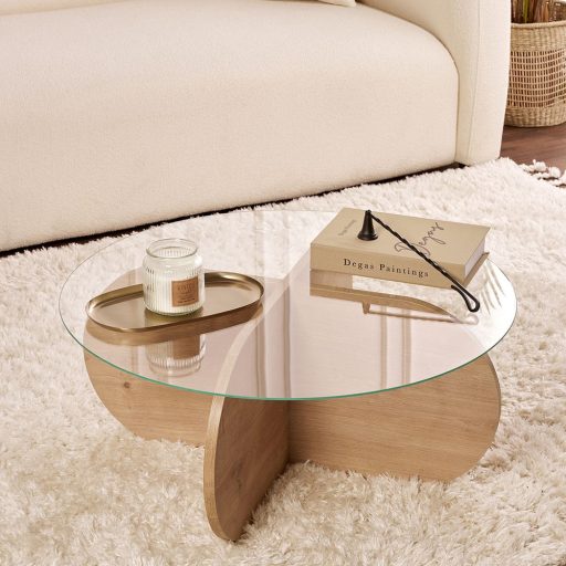 Okrągły Stół Kawowy z Hartowanym Szkłem 75x35x75cm, Dąb