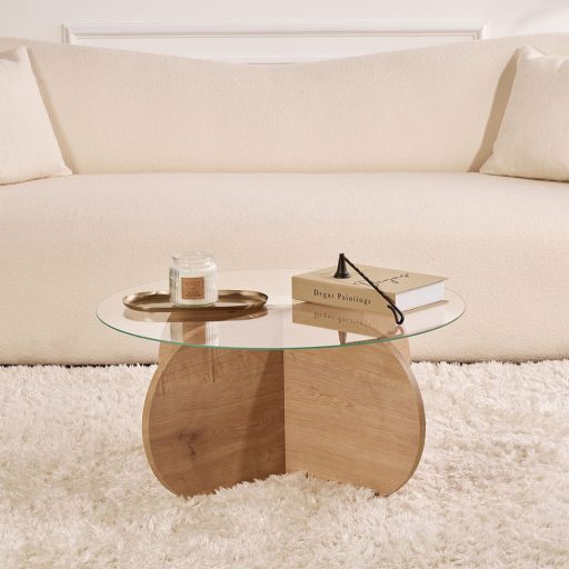 Okrągły Stół Kawowy z Hartowanym Szkłem 75x35x75cm, Dąb