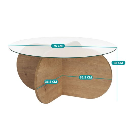 Okrągły Stół Kawowy z Hartowanym Szkłem 75x35x75cm, Dąb