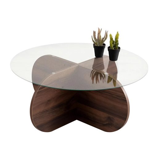 Okrągły Stolik Kawowy z Hartowanego Szkła 75x35x75cm, Orzech