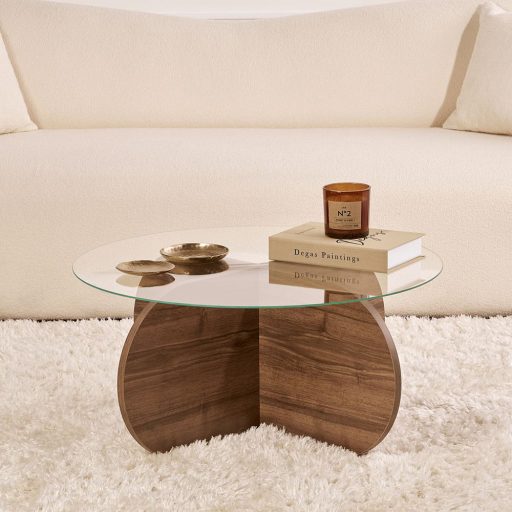 Okrągły Stolik Kawowy z Hartowanego Szkła 75x35x75cm, Orzech