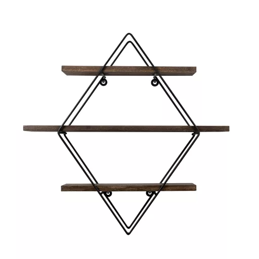 Półka metalowa diamentowa 60x40x15cm, Czarna-Orzech
