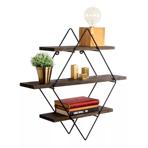 Półka metalowa diamentowa 60x40x15cm, Czarna-Orzech