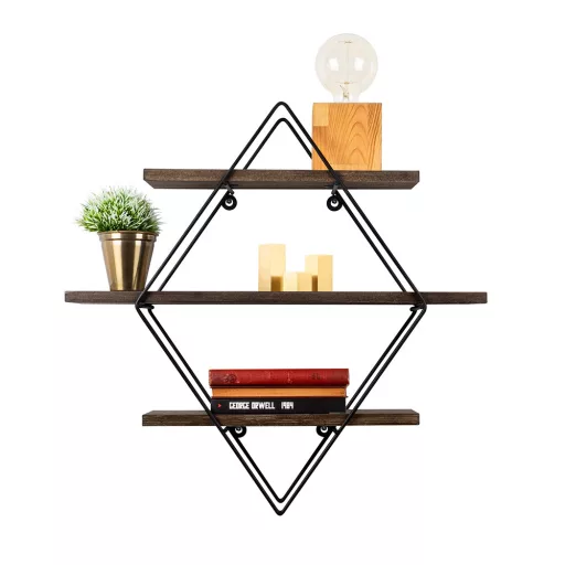 Półka metalowa diamentowa 60x40x15cm, Czarna-Orzech