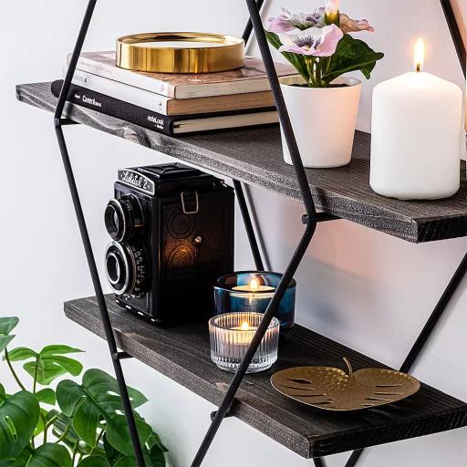 Półka metalowa diamentowa 60x40x15cm, Czarna-Orzech