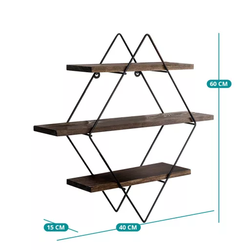 Półka metalowa diamentowa 60x40x15cm, Czarna-Orzech