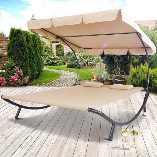 Leżanka ogrodowa z daszkiem, 2 osobowa-beżowa