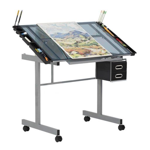 Stół projektowy ze szklanym blatem i regulacją