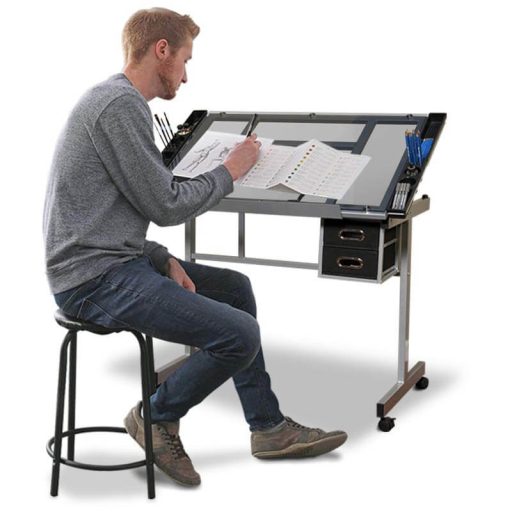 Stół projektowy ze szklanym blatem i regulacją