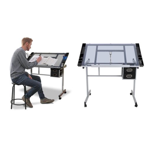 Stół projektowy ze szklanym blatem i regulacją