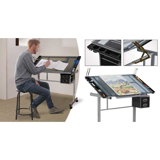 Stół projektowy ze szklanym blatem i regulacją