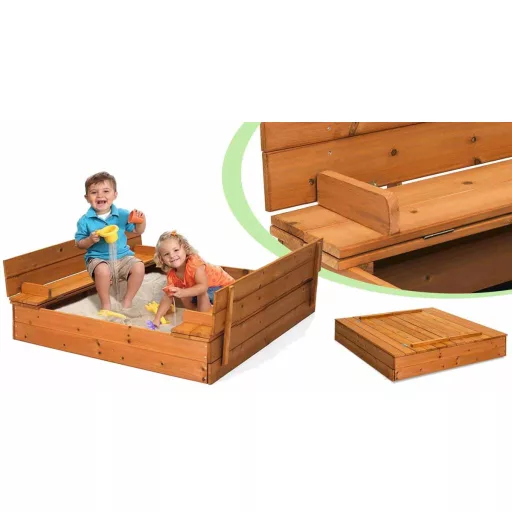 Drewniana piaskownica zamykana z ławeczkami