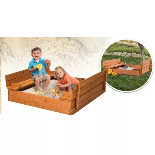 Drewniana piaskownica zamykana z ławeczkami