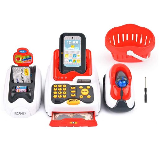 Kasa fiskalna dla dzieci w kilku kolorach, czerwono-biała