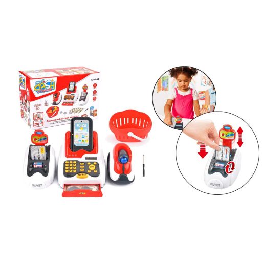 Kasa fiskalna dla dzieci w kilku kolorach, czerwono-biała