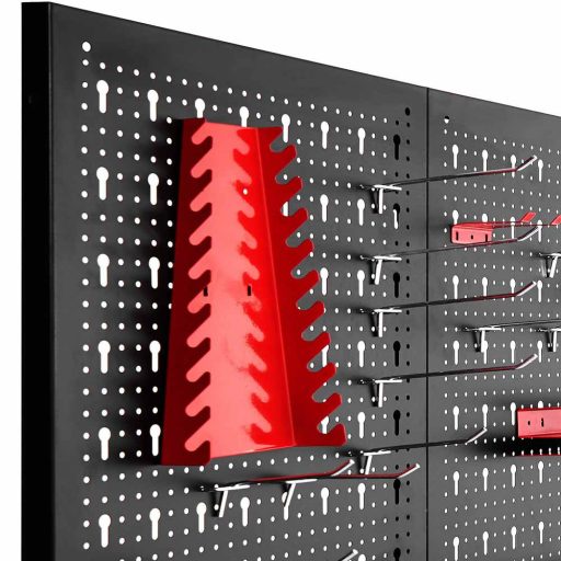 Metalowy organizer ścienny na narzędzia z haczykami i schowkiem
