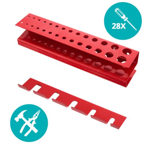 Metalowy organizer ścienny na narzędzia z haczykami i schowkiem