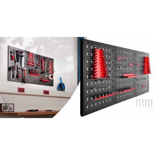 Metalowy organizer ścienny na narzędzia z haczykami i schowkiem