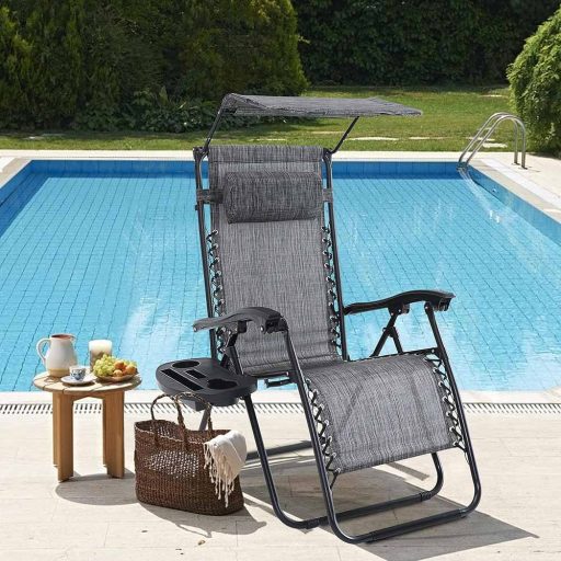 Krzesło ogrodowe zerowej grawitacji z daszkiem i uchwytem na napoje, 2 szt w kilku kolorach-szare