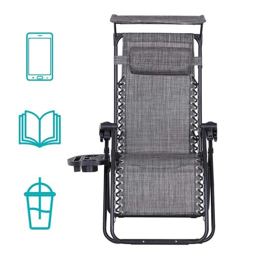 Krzesło ogrodowe zerowej grawitacji z daszkiem i uchwytem na napoje, 2 szt w kilku kolorach-szare