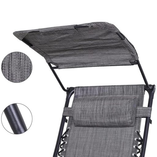 Krzesło ogrodowe zerowej grawitacji z daszkiem i uchwytem na napoje, 2 szt w kilku kolorach-szare