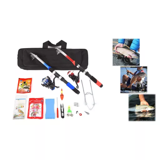 Sprzęt wędkarski dla początkujących z 2 wędkami teleskopowymi i akcesoriami