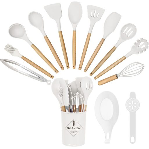 14-częściowy zestaw narzędzi kuchennych z żaroodporną silikonową główką i uchwytem, biały