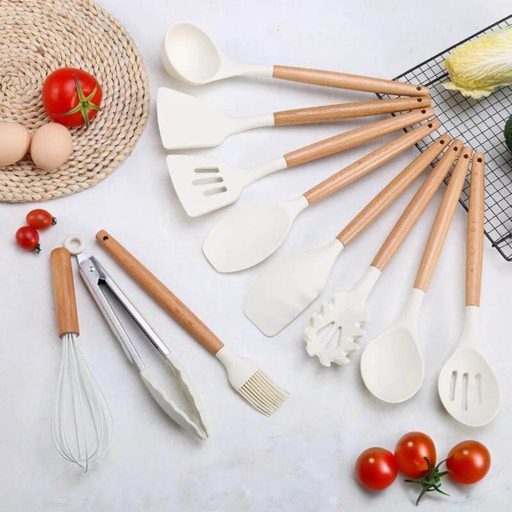 14-częściowy zestaw narzędzi kuchennych z żaroodporną silikonową główką i uchwytem, biały