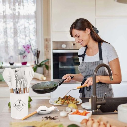 14-częściowy zestaw narzędzi kuchennych z żaroodporną silikonową główką i uchwytem, biały