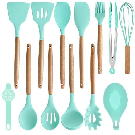 14-częściowy zestaw narzędzi kuchennych z żaroodporną silikonową główką i uchwytem, turkus