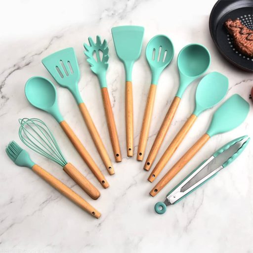 14-częściowy zestaw narzędzi kuchennych z żaroodporną silikonową główką i uchwytem, turkus