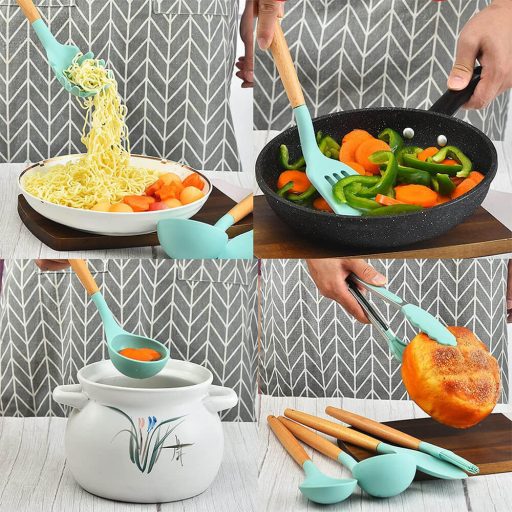 14-częściowy zestaw narzędzi kuchennych z żaroodporną silikonową główką i uchwytem, turkus