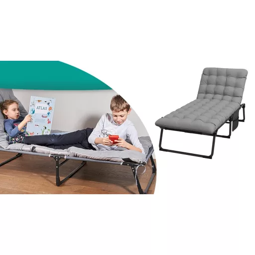 Składane łóżko campingowe z regulowanym zagłówkiem i dwustronnym materacem w dwóch kolorach