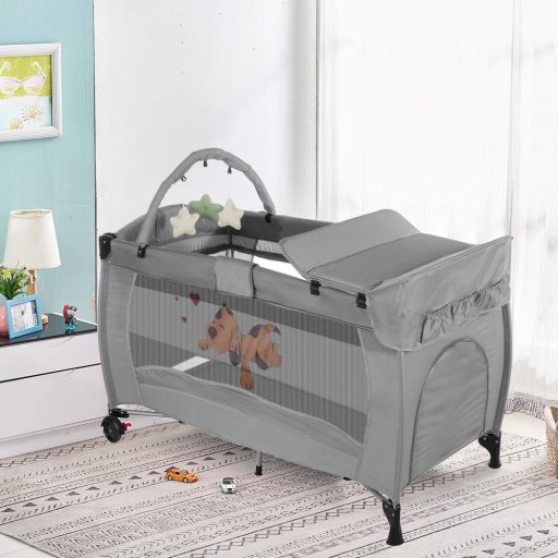 Łóżeczko turystyczne z przewijakiem i mostkiem do zabawy, szare