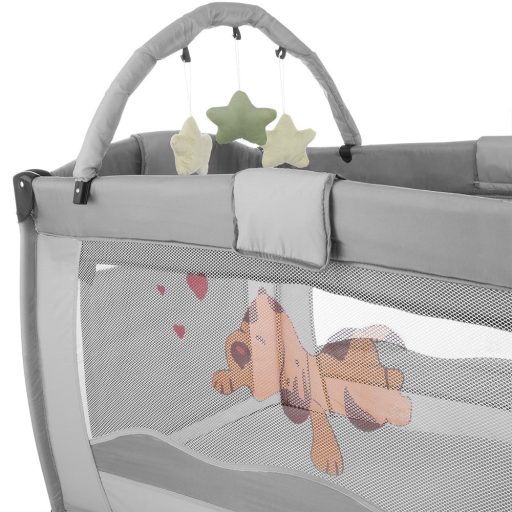 Łóżeczko turystyczne z przewijakiem i mostkiem do zabawy, szare
