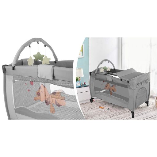 Łóżeczko turystyczne z przewijakiem i mostkiem do zabawy, szare