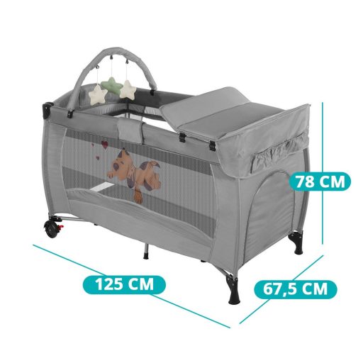 Łóżeczko turystyczne z przewijakiem i mostkiem do zabawy, szare