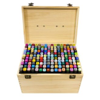   Zestaw dwustronnych markerów alkoholowych w drewnianym pudełku, 176 szt