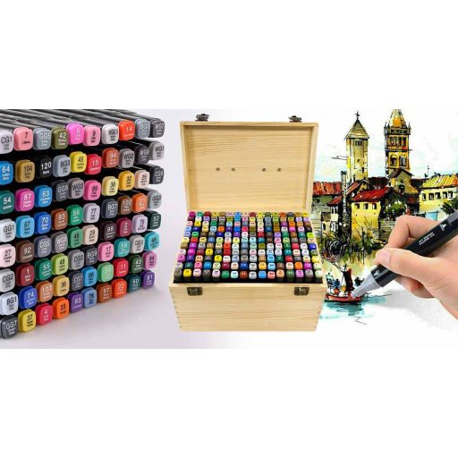 Zestaw dwustronnych markerów alkoholowych w drewnianym pudełku, 176 szt