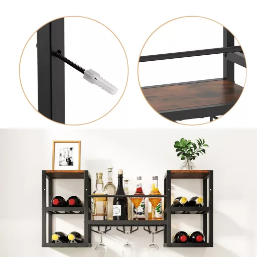 Metalowy stojak na wino do montażu na ścianie z uchwytem na kieliszki