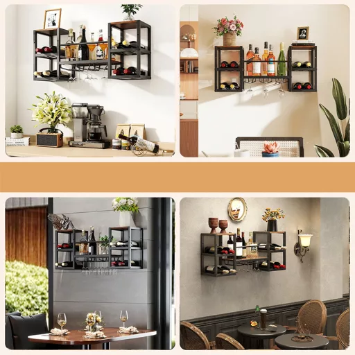 Metalowy stojak na wino do montażu na ścianie z uchwytem na kieliszki