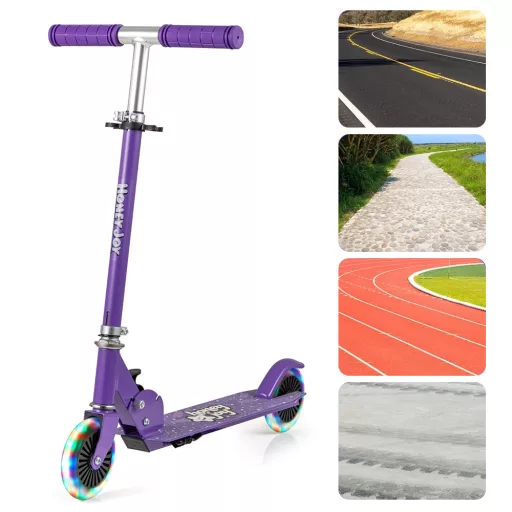 Składana aluminiowa hulajnoga dziecięca z podświetlanymi kołami LED, fioletowa