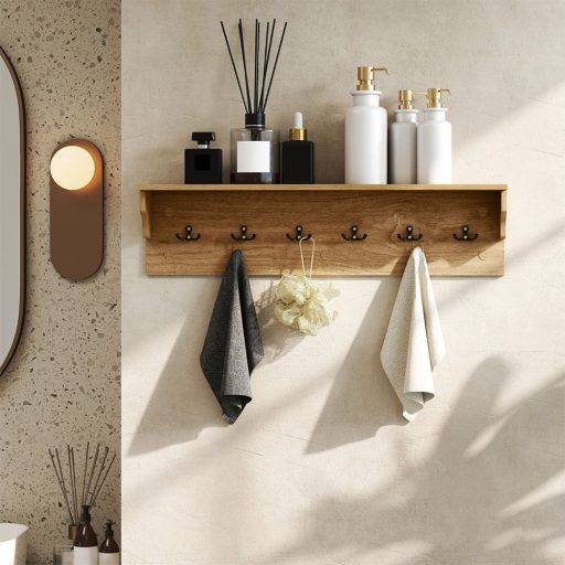 Półka ścienna z 6 haczykami, naturalna