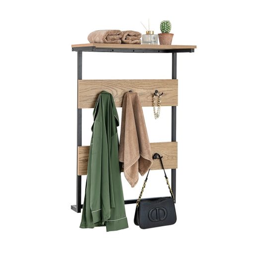 Wieszak ścienny z 6 haczykami i półką, naturalny