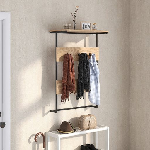 Wieszak ścienny z 6 haczykami i półką, naturalny