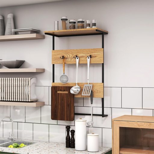 Wieszak ścienny z 6 haczykami i półką, naturalny