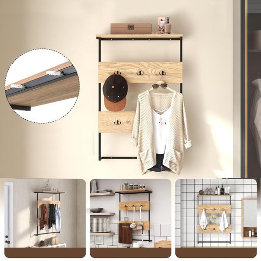 Wieszak ścienny z 6 haczykami i półką, naturalny